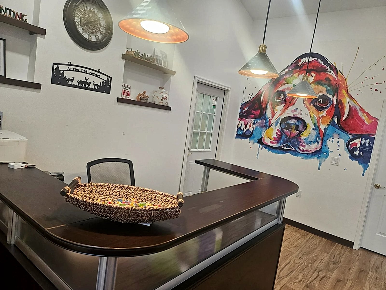 Reception interior with custom dog mural